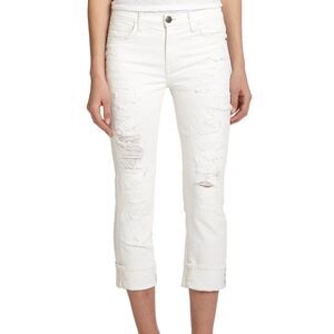Current/Elliott Women's White Distressed Mid-Rise Cropped Straight-Leg Jeans